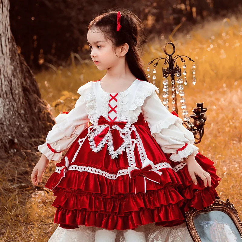 New Girls Lolita Princess Dress Autumn Velvet Red Ruffle Dress Christmas Halloween Kid Dresses Clothes Sweet Cute Birthday