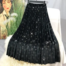 

2020 Autumn Winter Women's Skirt Geometric Pattern Printed Bronze Velvet Skirt Female Mid-Length Elastic Waist Pleated Skirts