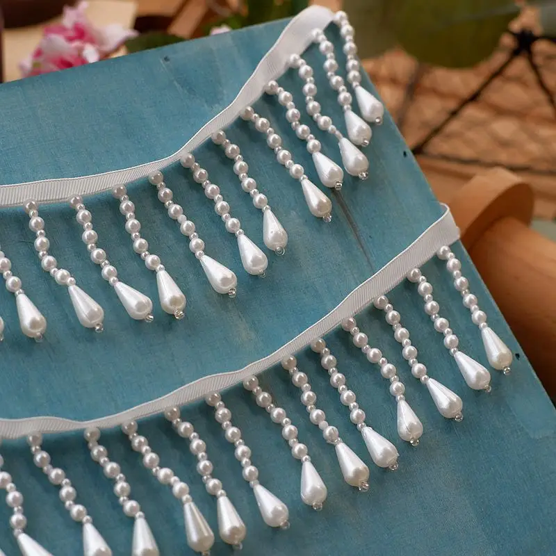 Handmade DIY ubrania dekoracje koronki wykończenia akcesoria odzieżowe koronki z koralikami kołnierz biała perłowa koronka Tassel koraliki