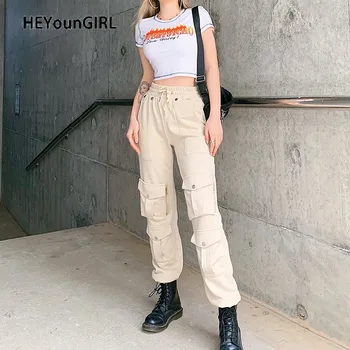 

HEYounGIRL Pockets Khaki Casual Sweatpants Women Elastic High Waist Pants Capris Streetwear Long Trousers Ladies Korean Harajuku