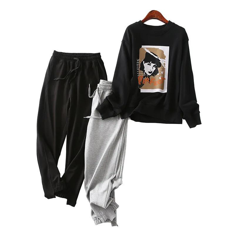 

One's Loose-Fit Slimming Printed round Neck Sweater Elastic Waist Casual Pants Sweatpants Two-Piece Women's Entity