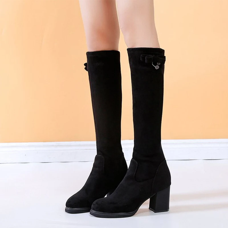 

Hot New Autumn Women Knee High Boots Fashion Woman Suede Platform Boots Ladies Casual Stretch Slip On Woman Comfort Female Shoes