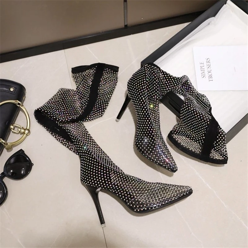 Women Shoes Sexy High Heels Female Crystal Women Sandals Mesh Long Botas 2022 Summer Over The Knee Sparkling Fishnet Sandalias