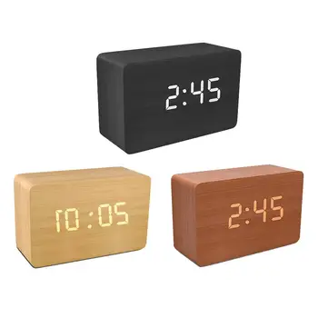 

Multicolor LED Wood Alarm Clock Desktop Sound Control Clock Digital Thermometer With USB Power Cord Home Display Clock