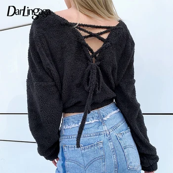 

Darlingaga Backless Lace Up Plush Hairy Pullover Sweatshirt Women Tops Cropped Casual Teddy Autumn Winter Sweatshirts 2020 Hoody