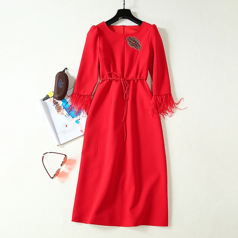 

VERDEJULIAY Runway Red Dress 2020 Autumn Winter High Quality Dress Beading Diamonds Tassle Sleeve Slim Midi Elegant Long Dress