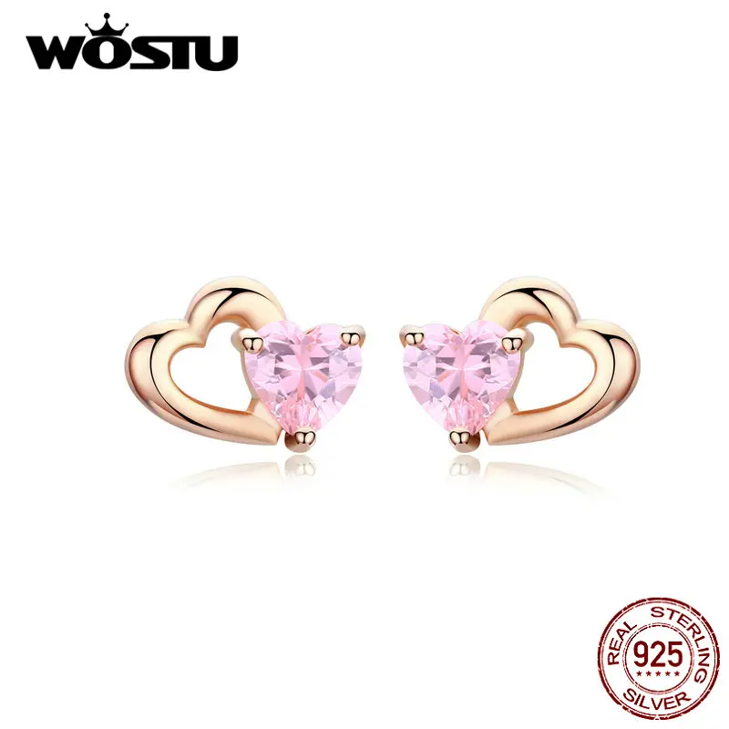 Женские серьги гвоздики с розовым сердцем WOSTU свадебные из розового золота