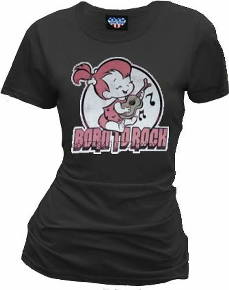 Classic Flintstones Pebbles Born To Rock Washed Black Juniorsladies T Shirt Tee