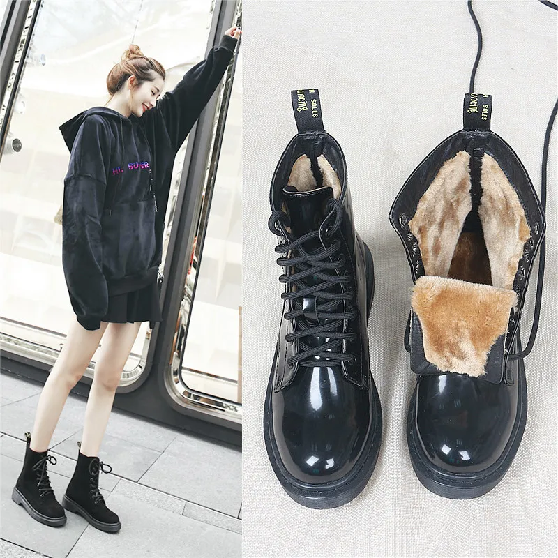 

Suede Leather Martin Boots Woman Shoes Winter Plush Warm Short Ankle Boot High Top Motorcycle Botas Lace-up Snow Botines Mujer