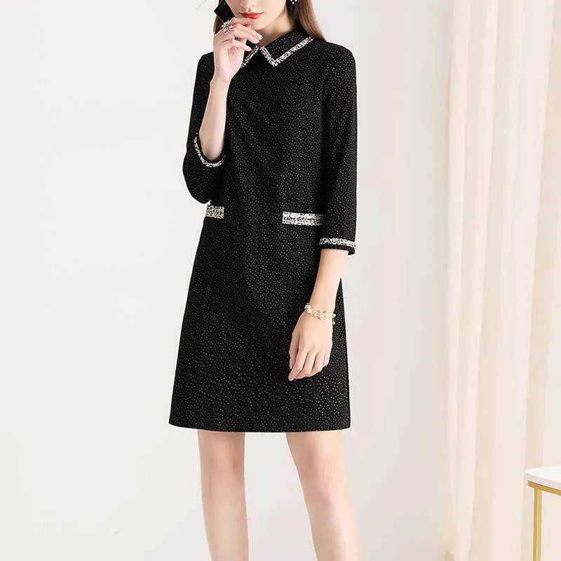 

2019 New Style Three-quarter-length Sleeve Peter Pan Collar Black And White with Pattern Graceful Dress Women's Autumn Slimming
