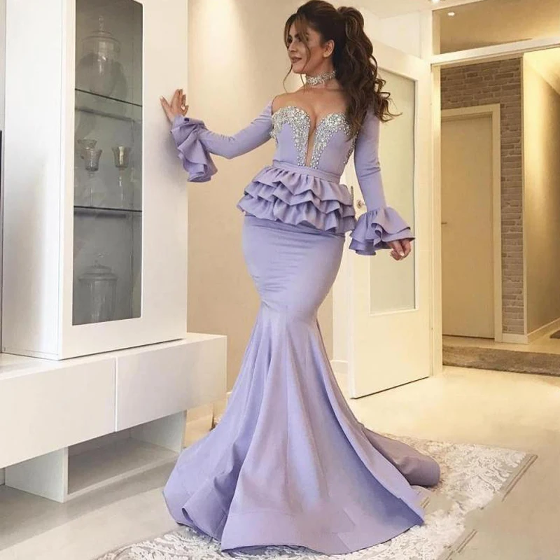 

Eightree Arabic Dubai Mermaid Evening Dresses Purple Beaded Special Occasion Dress Satin Long Sleeves Pageant Formal Party Gown