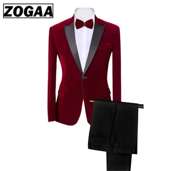 

ZOGAA 2019 Mens Classic 3 Pieces Set Velvet Suits Stylish Burgundy Royal Blue Black Wedding Groom Slim Fit Tuxedo Prom Costume
