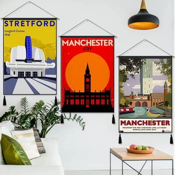 

Manchester United Kingdom Vintage Travel Hanging Cloth Cotton Line Paintings Poster Home Decor Wall Hanging Tapestry Gift