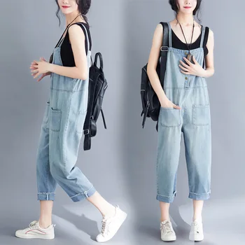 

Helisopus 2020 New Women Korean Loose Denim Overalls Jumpsuits Plus Size Wide Leg Casual Jeans Romper Spring Autumn