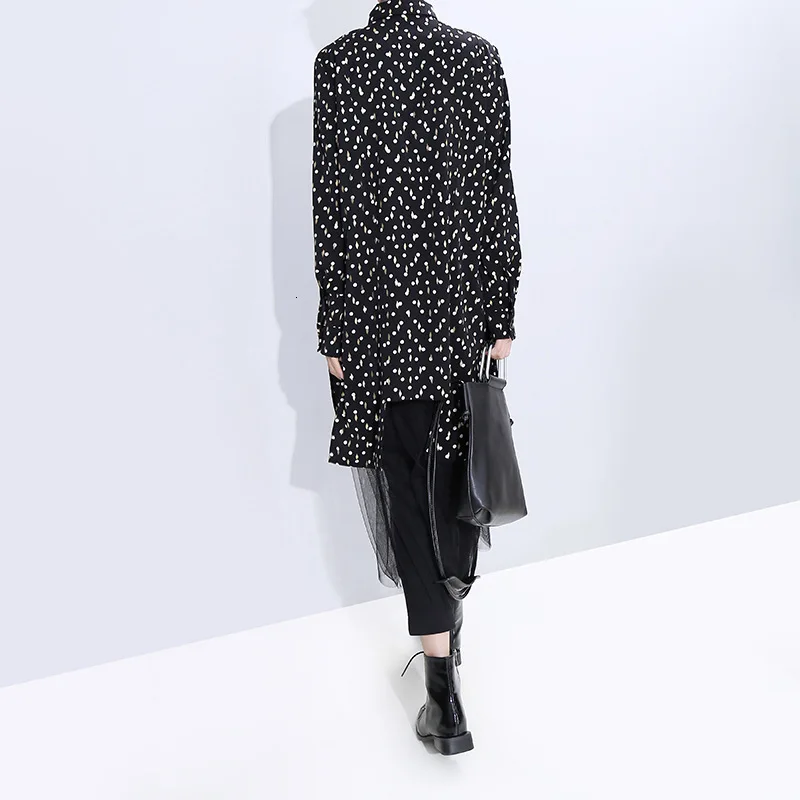 [EAM] женское черное Сетчатое платье-рубашка в горошек с разрезом, новинка, с отворотом, с длинным рукавом, свободный крой, модная одежда, весна-осень, 1N245