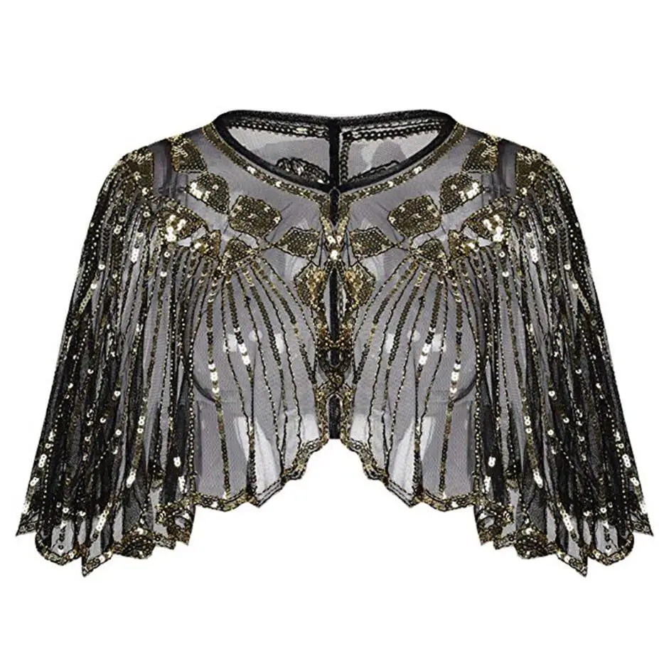 JaneVini Sparkly Bolero Sequin Beaded Women Summer Shrugs Jackets Bridal Wedding Capes Evening Party Dress Wraps Gold Stoles - Цвет: Black Gold