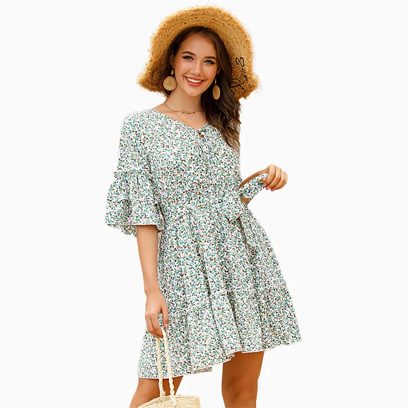 

Chiffon Dress 2020 Spring and Autumn New Mid-sleeved Women's Female Ruffled Floral V-neck Small Fresh Sweet
