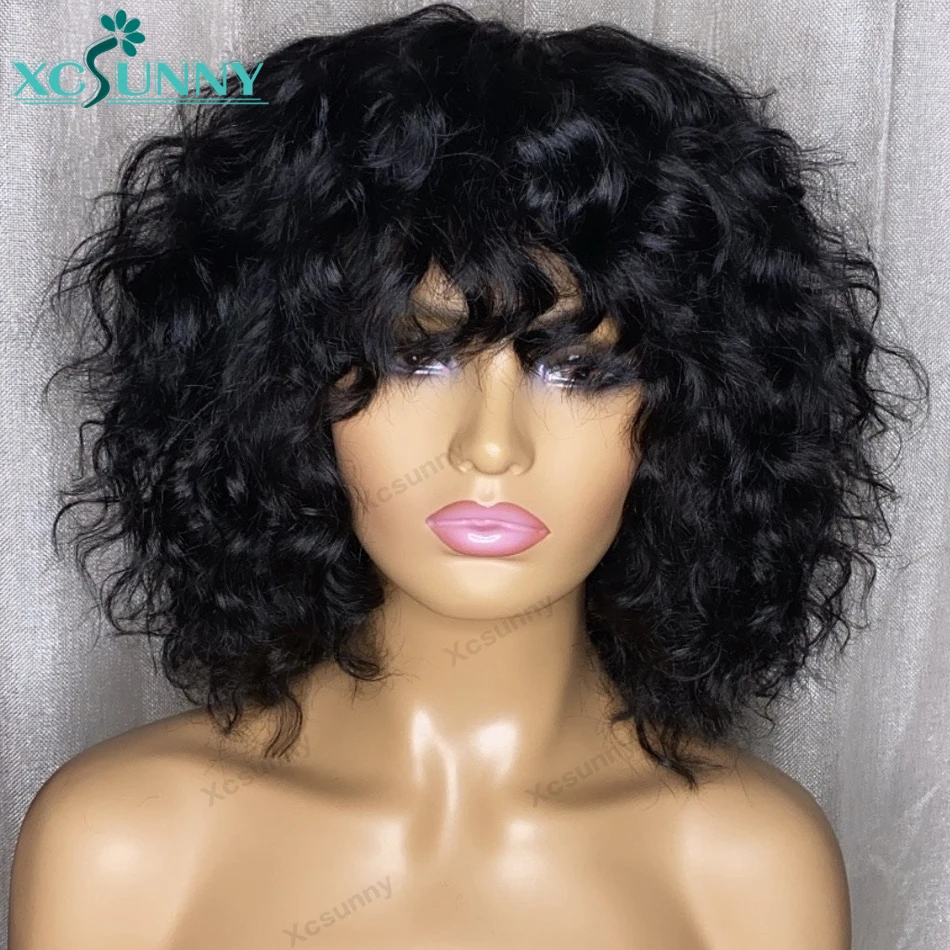 Human Hair Wigs With Bangs 16inch 200 Density Short Curly Wig Full Machine Made Wig Remy Brazilian Hair Jerry Curl Wig Xcsunny
