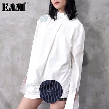 

[EAM] 2020 New Spring Lapel Long Sleeve White Loose Big Size Striped Split Joint Big Size Shirt Women Blouse Fashion Tide Y63