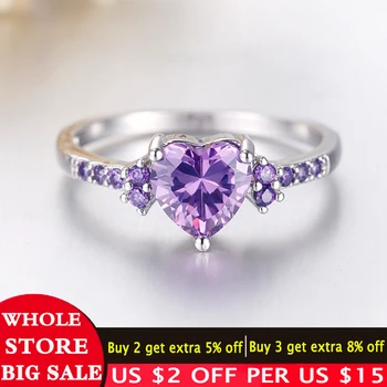 

LMNZB With Certificate 925 Solid Silver Fashion Women Wedding Jewelry Cute Heart Heart Design Purple Crystl Amethyst Ring LR988