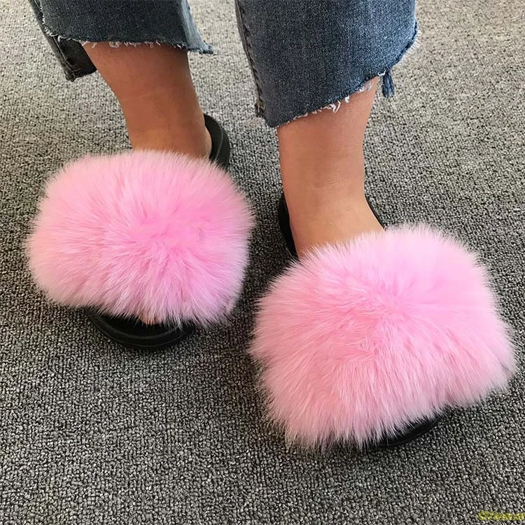 Шлепанцы с натуральным лисьим мехом большие размеры Летние пушистые шлепанцы
