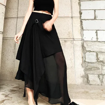 

2020 Women Spring Autumn New Style Temperament Black Irregular Patchwork Mesh Skirt Slim Loose High Waist Belt Half Body Skirt