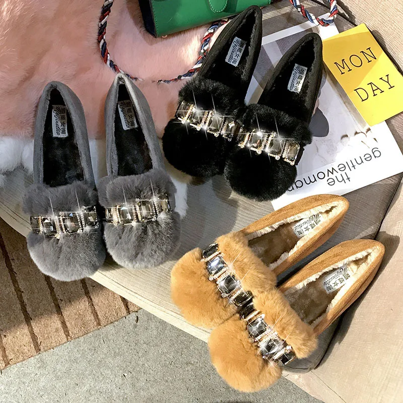 

Espadrilles Flats ladies rhinestone chain creeper winter korean plush moccasins feminino big size rabbit fur crystal women shoes