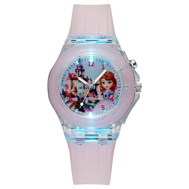 Disney Girls Kids Watches Children Watch Frozen Princess Aisha Sophia Luminous Student Colorful LED Light Women Lady Clock