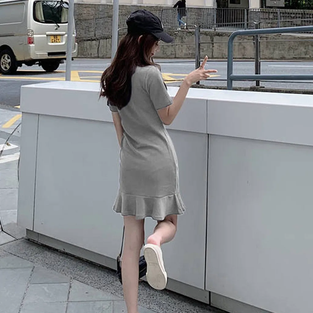Jaycosin Fashion Summer Casual O-Neck Short Sleeve Elegant Women Summer Long Dress Ladies Slim Thin Solid Ruffles Knee Dress 319