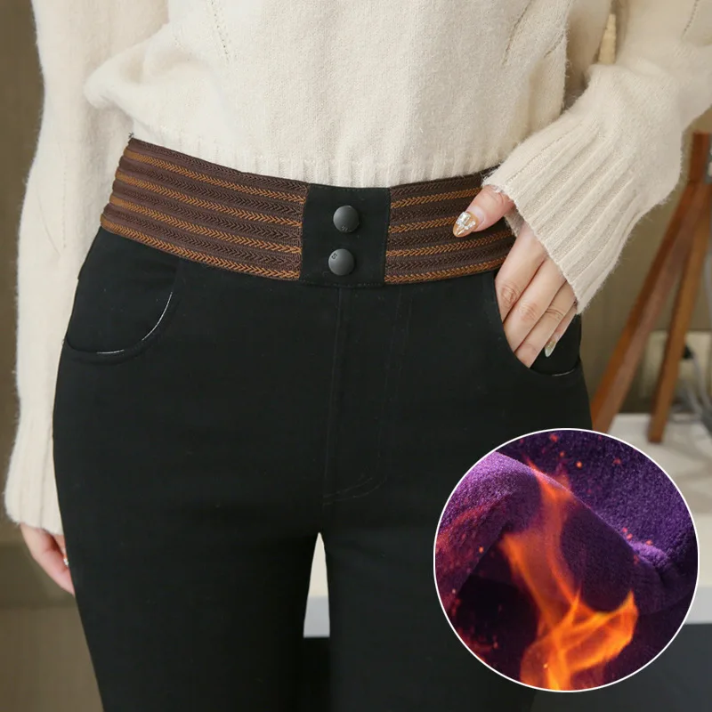 

Winter New Style Large Size Black And White with Pattern Elastic Waist Brushed And Thick Skinny WOMEN'S Pants Fat Mm 200 Outer W