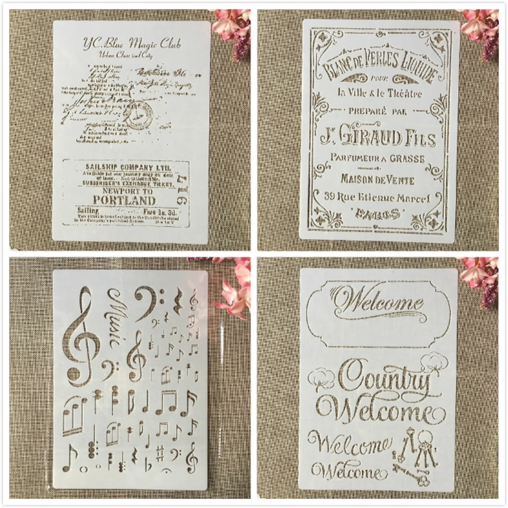 

4Pcs A4 29cm Music Note French Mail DIY Layering Stencils Wall Painting Scrapbook Coloring Embossing Album Decorative Template