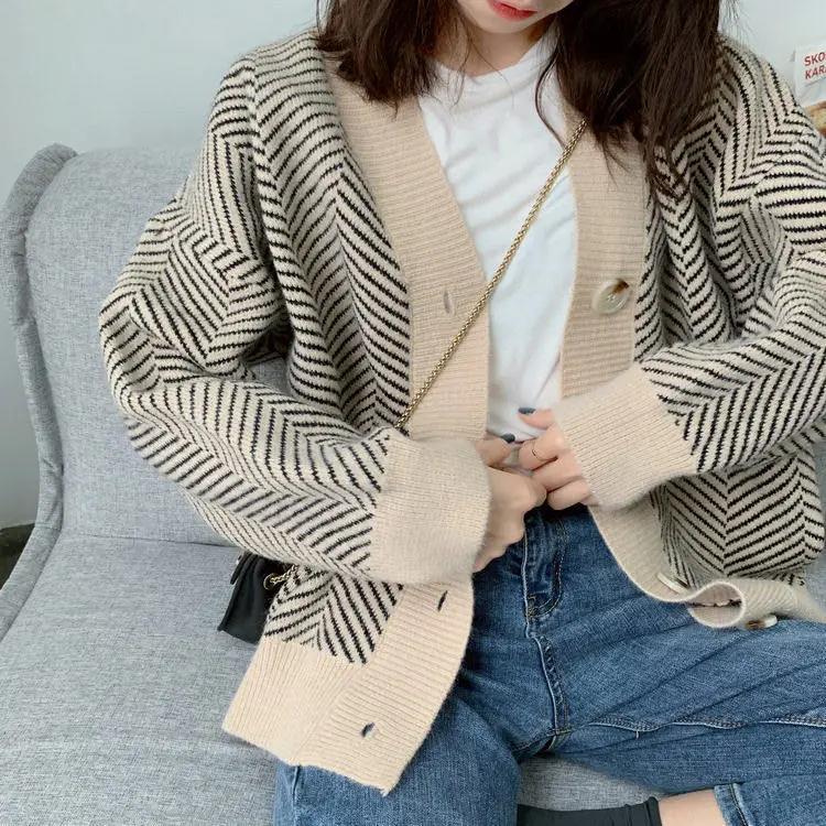 

Vintage Women Striped Open Stitch Sweater winter Loose Knitted Cardigans V-neck Single-breasted Casual knitted Female vs386