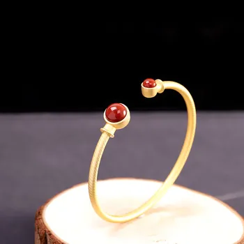 

S925 Sterling Silver Ornament Fashion Gold-Plated Women's Red Agate Bracelet