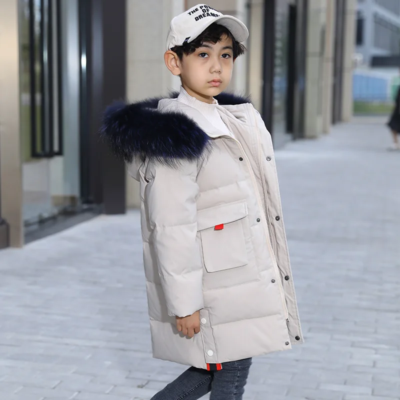 Детская зимняя куртка для мальчиков и девочек-30 градусов с капюшоном теплое пальто на утином пуху одежда подростка детская парка с мехом От 4 до 13 лет зимняя одежда - Цвет: Бежевый