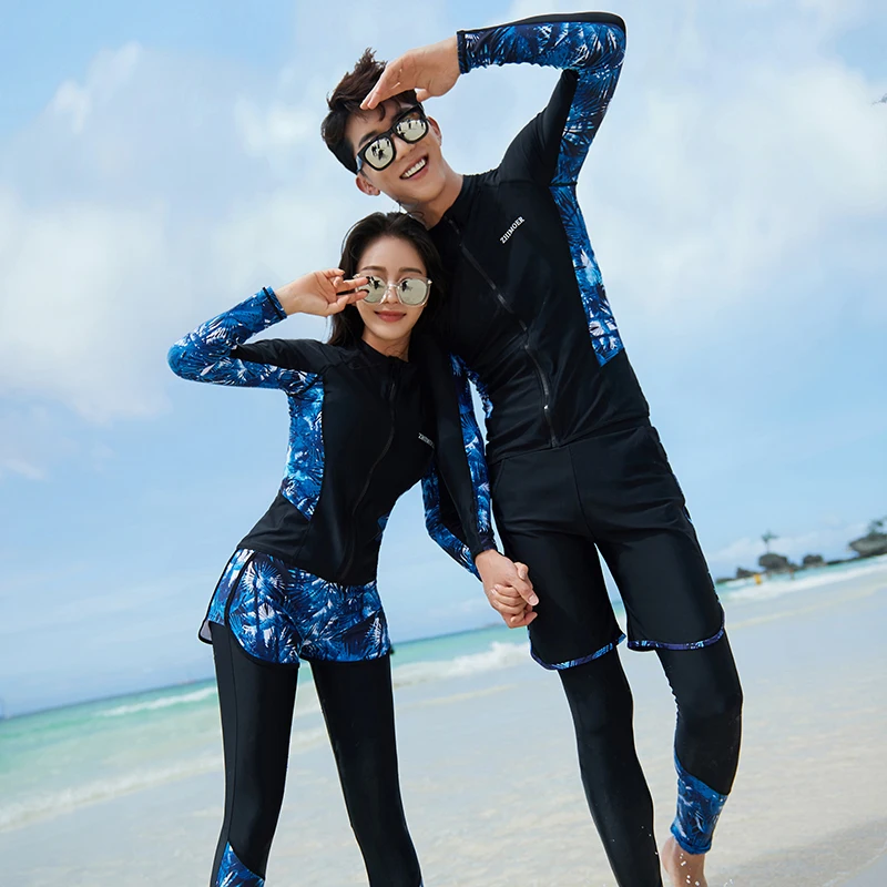 Long Sleeve Rash Guard Women Print 5 Pieces Sport Swimsuit Zipper Swimwear Surfing Pad Long Pant Couples Men 3 Pieces