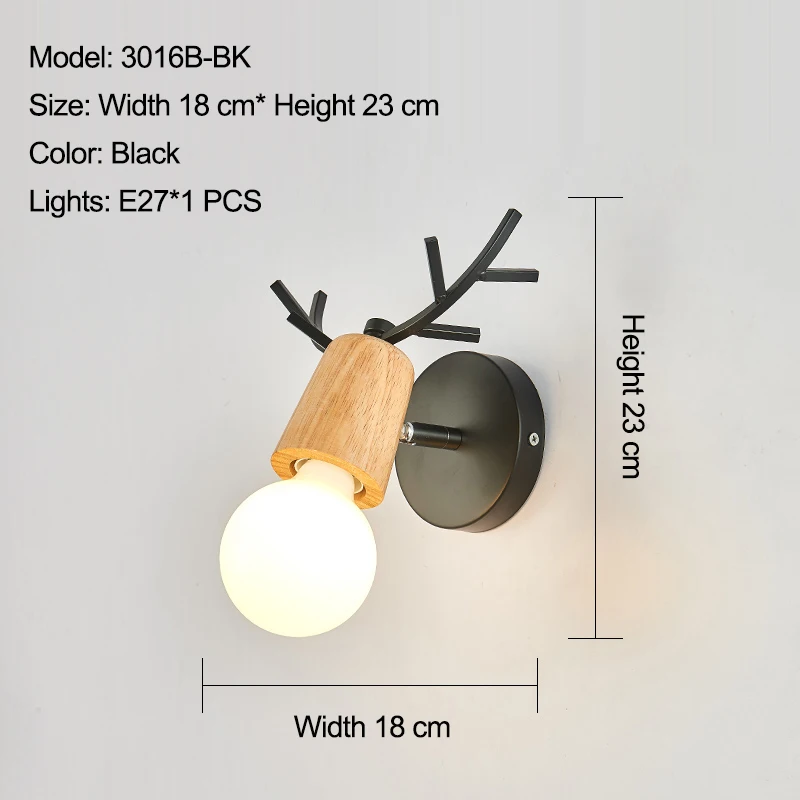 Регулируемый светодиодный настенный светильник в скандинавском стиле с цветными рогами оленя из мультфильма, бра для чтения в спальню, настенное освещение для детской комнаты E27 - Цвет абажура: 3016B black