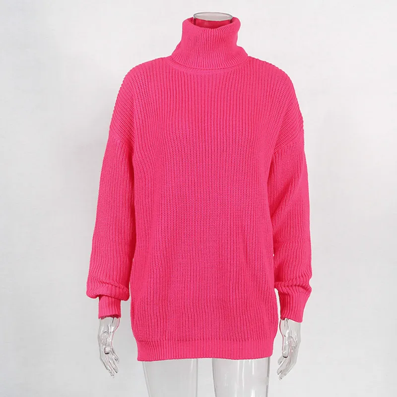 Неоновый свитер с воротником-хомутом, женские свободные повседневные Пуловеры Харадзюку, осенне-зимний длинный свитер, платье флуоресцентного зеленого цвета, PR969G - Цвет: Rose Red
