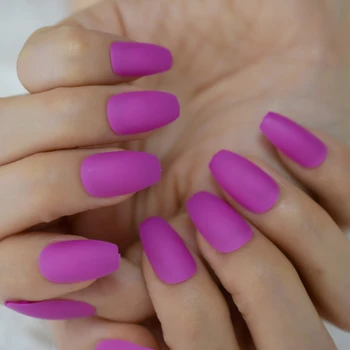 

Rose Purple Matte Fake Nails Coffin Shape Medium Size Nail Tips ABS Solid Color Fingernail set 24 Ct