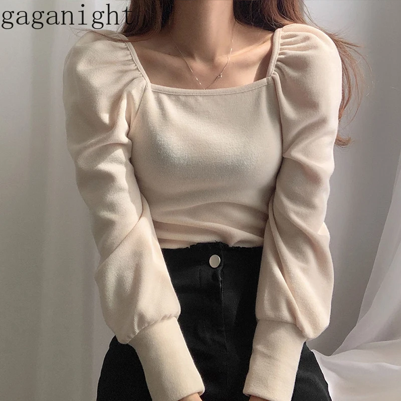 

Gaganight Korean Chic Women T Shirt Pull Long Sleeves Square Collar Solid Fashion Tshirt Knitted Spring Autumn Solid Tops