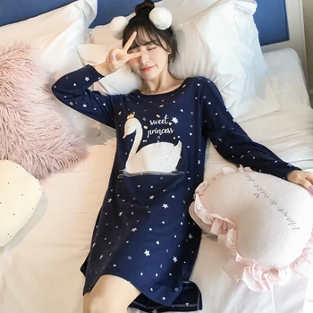 

2020 Autumn 100% Cotton Nightgown For Women Long Sleeve Night Dress Girl Cute Cartoon Sleepshirt Home Dress Sleepwear Nightdress