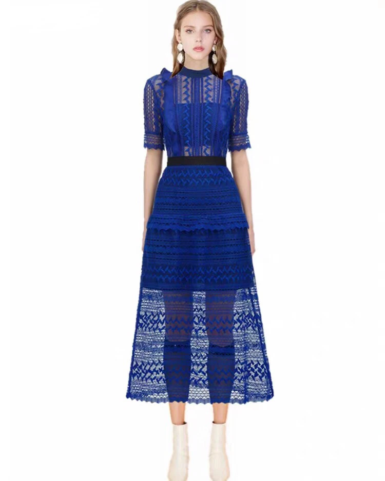 

2019 New Fungus Lace Openwork High Waist Slim Short Sleeve Sexy Dress Women Elegant Hollow Out Solid A-Line For Evening Party