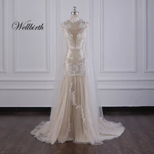 Реальное изображение Wellbirth Vestido de novia Тюлевое кружевное ТРАПЕЦИЕВИДНОЕ свадебное платье с коротким рукавом и v-образным вырезом Свадебное платье CL002