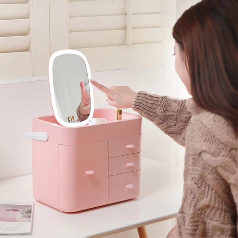 Косметический ящик для хранения светодиодный светильник с зеркалом для макияжа Многофункциональный портативный Настольный пыленепроницаемый туалетный столик
