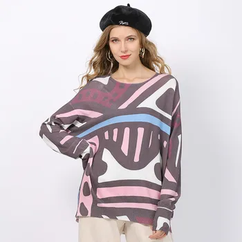 

Casual Oversize Sweater Woman Tops Autumn Spring Knitted Pullovers Geometrical Print Plus Size Loose Sweaters Women TA6345