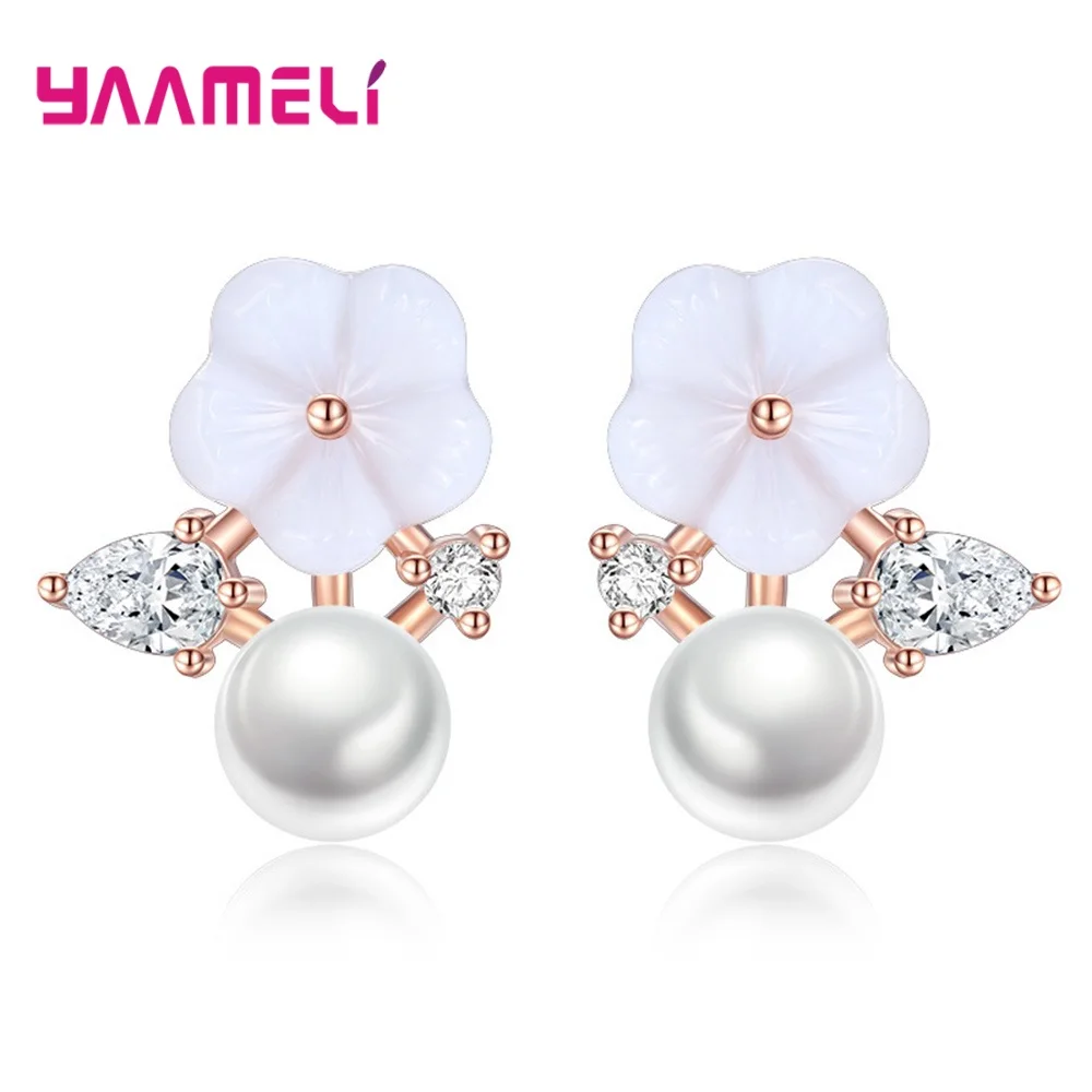 

Fine 925 Silver Stud Earrings Decoration for Woman Girl AAA Grade Cubic Zircon Round Pearl Handemade Flower Jewelry