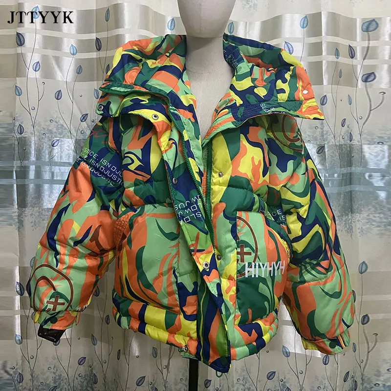 Warm Winter Down Jacket Women 2023 Graffiti Print Fashion Hooded Short Parka Girls Thick Streetwear Hip Hop Padded Coat Female