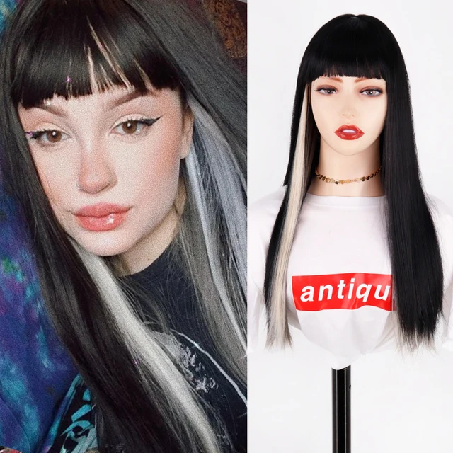 Synthetic Hair Pink and Black Wig Long Straight hair Cosplay Wig Two Tone Ombre Color Women Wigs 722