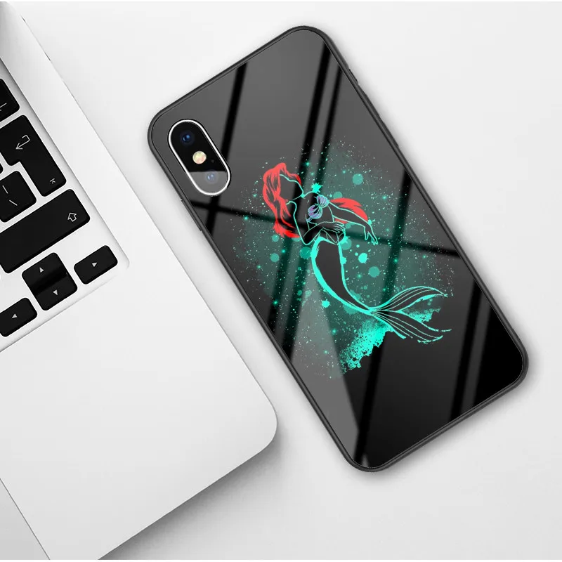 Glass TPU Чехол принцессы из закаленного стекла для iphone 11 Pro Max xs 6s 7 8 Plus X XR XS Max мультяшный Роскошный милый чехол для телефона с изображением русалки - Цвет: Glass TPU