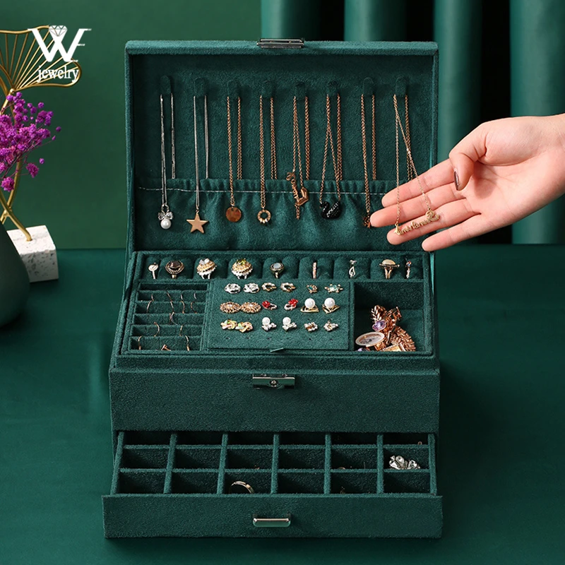 WE New 3-layers Green Stud Jewelry Organizer Large Ring Necklace Makeup Holder Cases Velvet Jewelry Box with Lock for Women