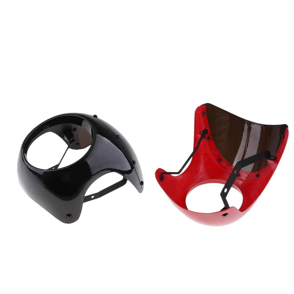 Motorcycle Front Headlight Fairing Screen Retro Cafe Racer Style Universal Smoke Windshield Fit 7 Inch Head Light (Black+Red)